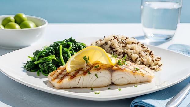 elegante bacalao filete servido con salvaje arroz Espinacas y limón encarna culinario deleite foto