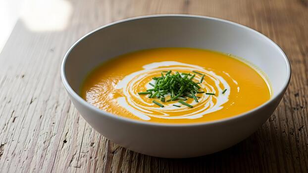 elegante nuez squash sopa con crema remolino y cebollín servido en rústico de madera superficie foto