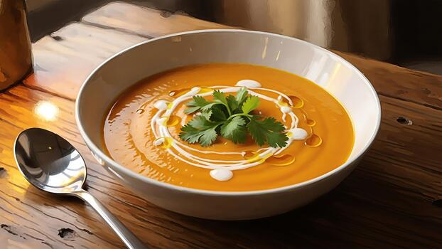 elegante nuez squash sopa presentación en rústico madera mesa ofertas culinario deleite foto