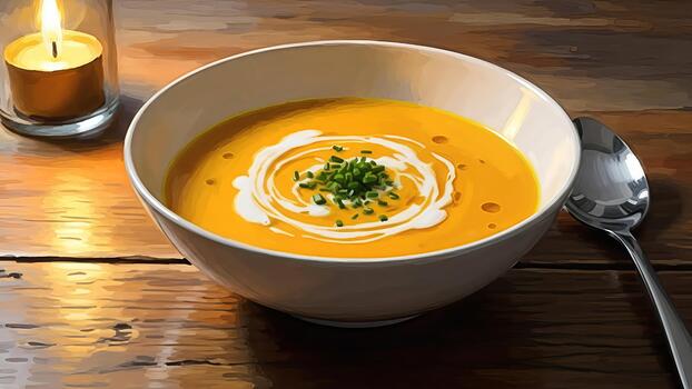 Elegant autumn soup presentation with cream, chives, and candlelight creating a cozy and photo