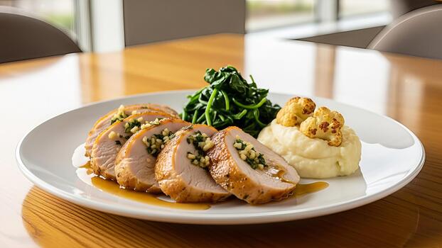 Delightful presentation of succulent sliced meat with greens and mashed cauliflower perfection photo