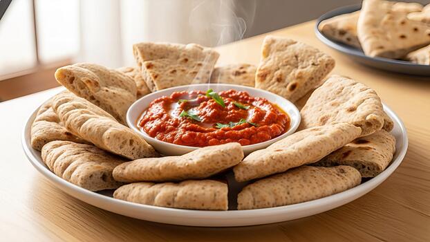 Delightful presentation of warm flatbread accompanied by a tantalizing tomato based dip on wooden photo