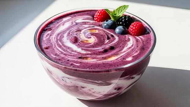 Delightful mixed berry smoothie bowl with swirls of cream and fresh toppings in the sunlight photo