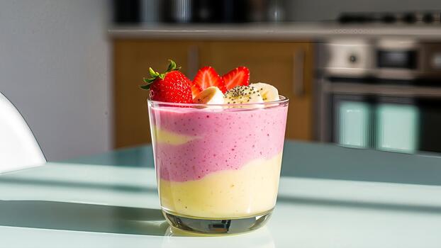 Delightful dual-layered smoothie with strawberry and banana accents in natural light photo