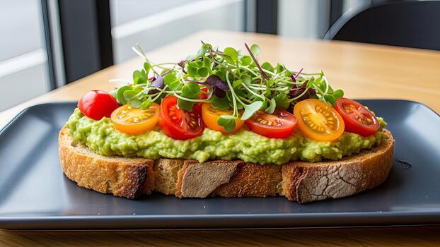 Delightful avocado toast with vibrant tomatoes and microgreens on a dark plate capturing the photo