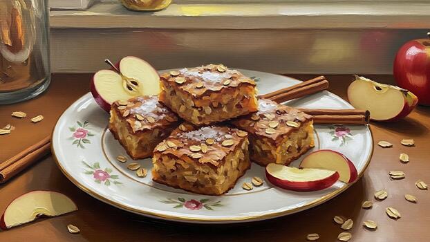 Delightful apple squares with cinnamon sticks, presented on a decorative plate enhanced with photo
