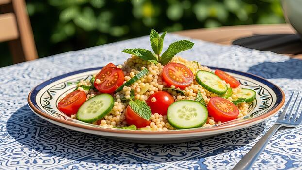 Delightful couscous salad with fresh tomatoes, cucumbers and aromatic mint on an outdoor table photo