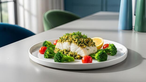 deliciosamente chapado horneado bacalao con hierba corteza servido junto a brócoli y Tomates a mesa foto
