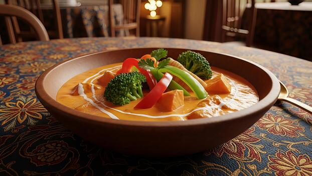 Delicious vegetable curry served in rustic bowl on patterned fabric tablecloth photo