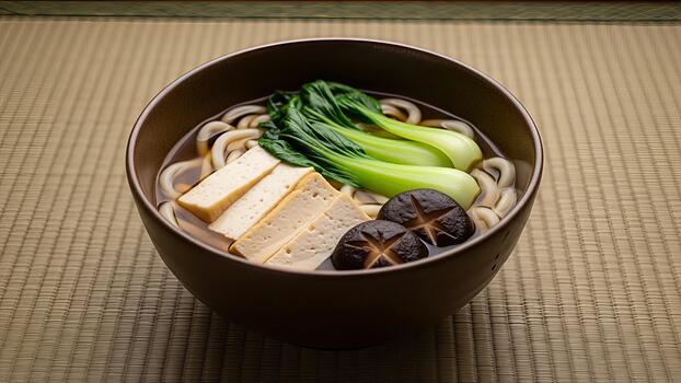 Delicious udon noodle soup with tofu and bok choy served on tatami mat background photo