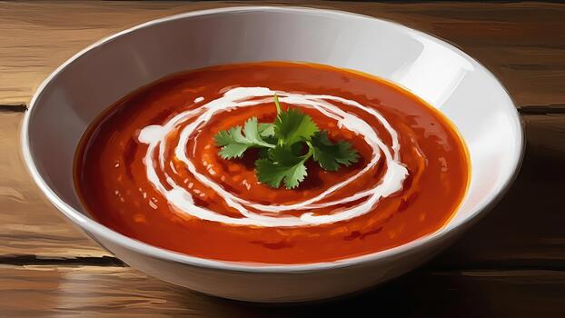 Delicious tomato soup with cream swirl and cilantro on a rustic wooden table top photo