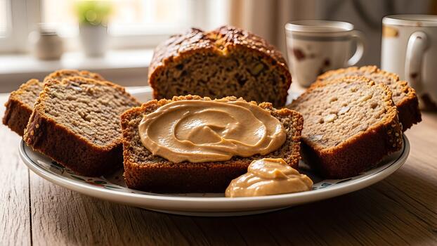 Delicious sliced banana bread with peanut butter topping on a rustic wooden table background photo