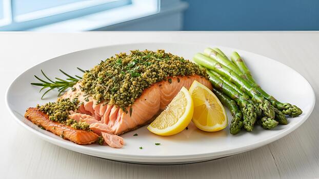 Delicious salmon fillet with crust, lemon and asparagus served on a plate arrangement photo