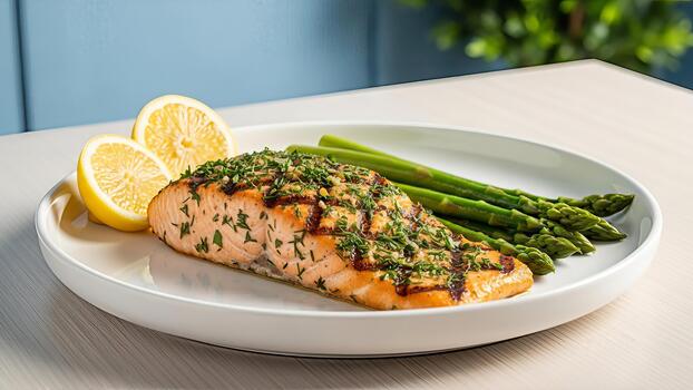 Delicious salmon fillet plated with fresh asparagus and zesty lemon slices enhances healthy eating photo