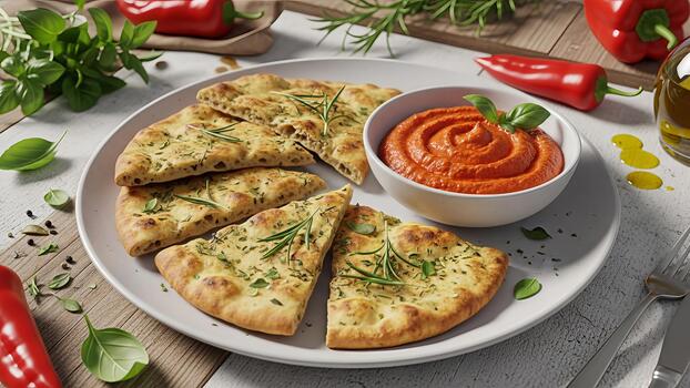Delicious rosemary flatbread slices served with vibrant red pepper dip on rustic table photo