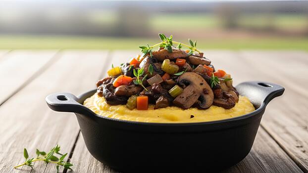 Delicious polenta with savory mushroom ragout and fresh thyme on rustic wooden surface photo