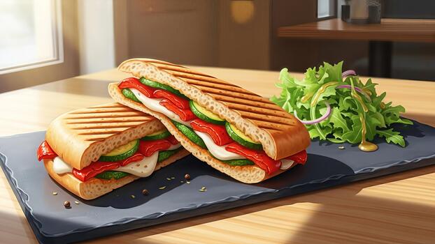 delicioso panini con Fresco vegetales y queso Mozzarella queso servido con ensalada en pizarra plato foto