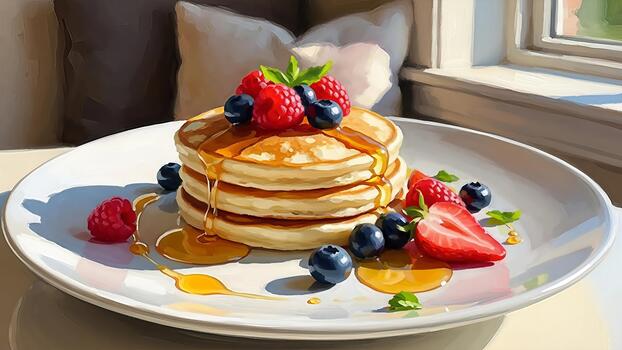 Delicious pancake stack drizzled with golden syrup and topped with fresh ripe berries for a photo