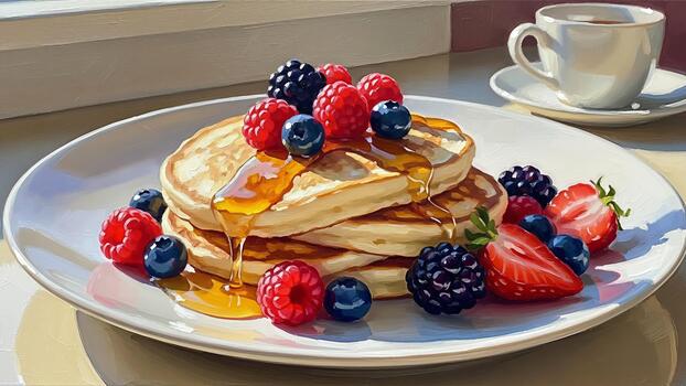 Delicious pancake stack adorned with fresh berries and drizzled with golden maple syrup perfection photo