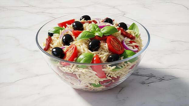 Delicious orzo pasta salad with fresh basil, tomatoes, olives, and red onions displayed in clear photo