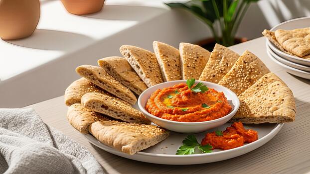 Delicious muhammara dip served with toasted pita bread triangles arranged artfully on a platter photo
