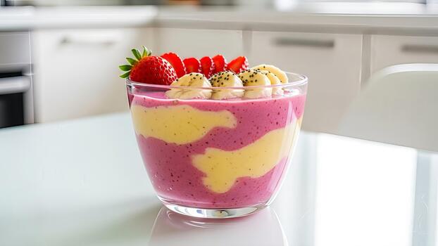 delicioso en capas Fruta zalamero con fresas y plátano en un cocina mostrador ofrecimiento un foto