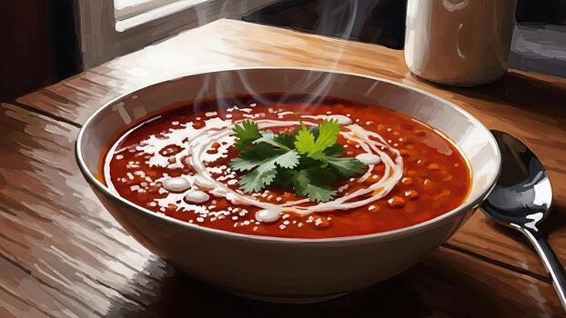 Delicious lentil soup with fresh coriander garnish on a rustic wooden table setting photo