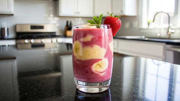 delicioso en capas Fruta zalamero con plátano y fresa en un moderno cocina ajuste foto