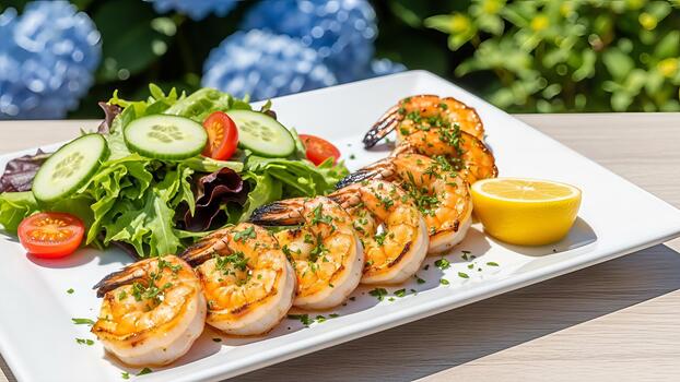 Delicious grilled shrimp served with fresh salad and a lemon wedge creating a gourmet dining photo