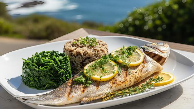 Delicious grilled seabass served with rice and spinach with a beautiful ocean view photo