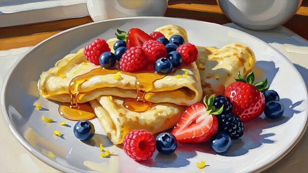 Delicious crepe stack adorned with fresh berries and honey glaze for a delightful culinary photo