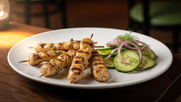 delicioso pollo brochetas con Pepino y rojo cebolla ensalada servido en blanco plato foto