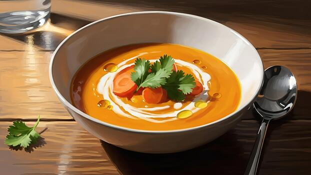 delicioso Zanahoria sopa con cilantro y crema arremolinándose en de madera mesa superficie foto