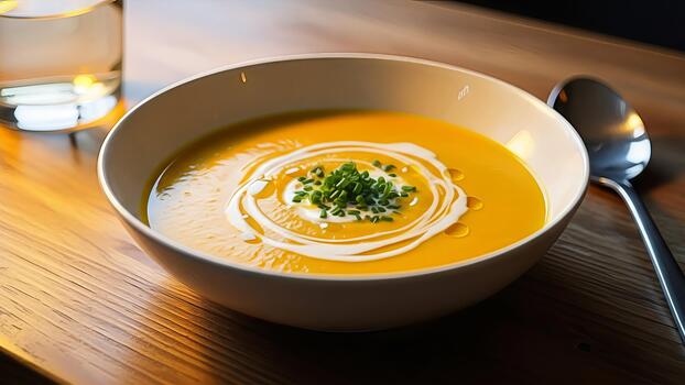 delicioso nuez squash sopa esmeradamente presentado en un rústico de madera mesa foto