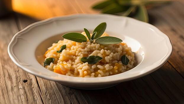 delicioso nuez squash risotto con Fresco sabio servido en rústico madera mesa foto