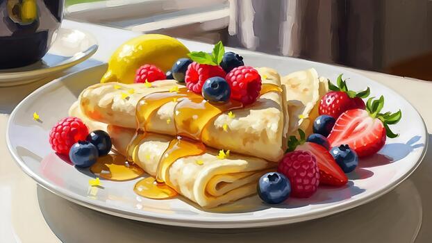 Delicious breakfast scene with pancakes drenched in syrup and adorned with fresh berries photo