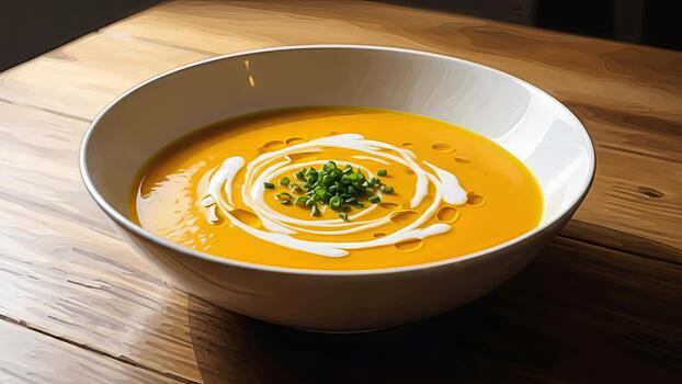 delicioso cuenco de cremoso squash sopa con artístico remolino de crema y Fresco cebollín en rústico foto