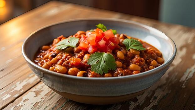delicioso cuenco de ojos negro chícharos con salsa y cilantro en un rústico mesa superficie foto