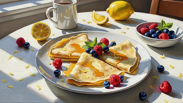 Delicious breakfast setup with crepes, fresh berries, and a cup of coffee on a sunny table photo