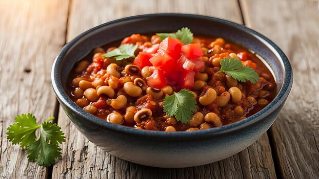 Delicious black eyed peas stew with diced tomatoes and cilantro garnish showcased on a rustic photo