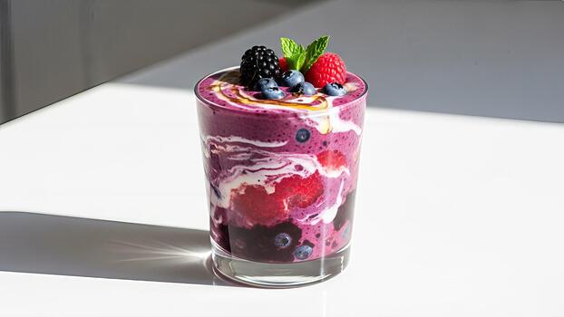 Delicious berry smoothie in a glass with layers of fruit and yogurt swirls under bright light photo