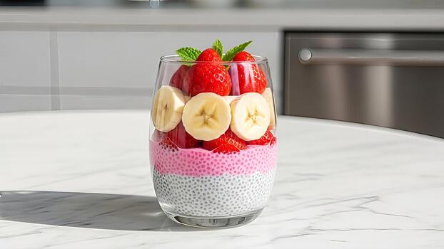 Delicious and visually appealing chia seed pudding layered with fruit in a glass photo