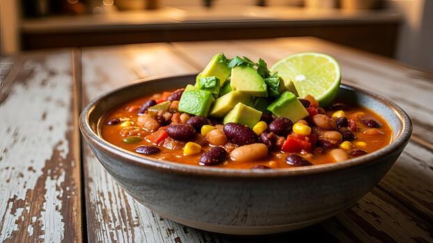 Delicious and Nutritious Chili Bowl Topped with Avocado and Lime on Rustic Table photo