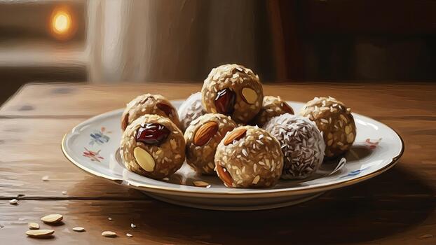 Delicious and Nutritious Energy Bites Displayed on an Ornate Plate on a Rustic Wood Surface photo