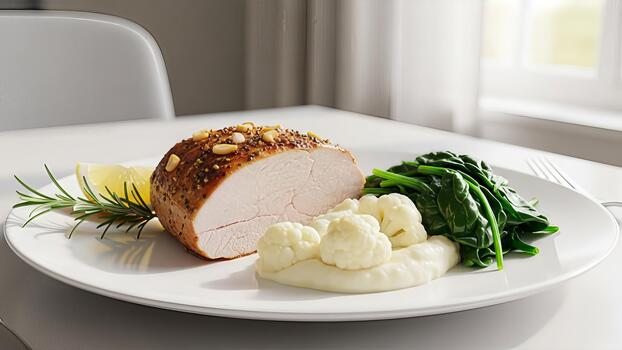 Delicious and nutritious balanced meal with meat and vegetables on a white plate in soft light photo