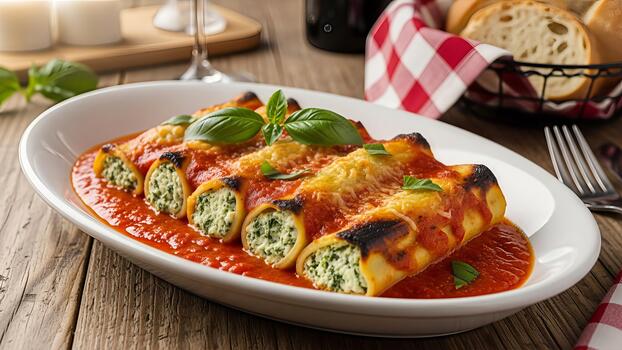delicioso y cremoso canelones con Espinacas y ricotta en un rústico italiano ajuste foto