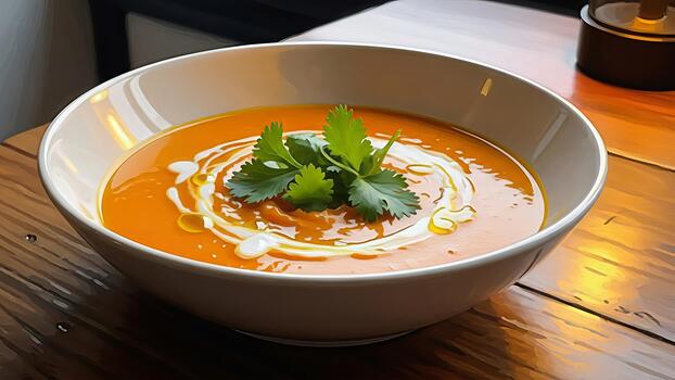 Delicious and appetizing butternut squash soup with artistic cream swirl garnish and cilantro photo