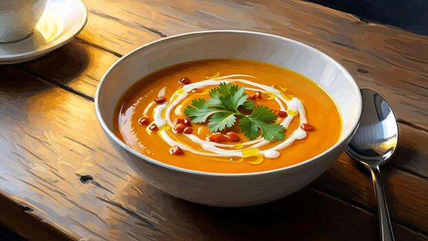 Delicate squash soup presentation in a bowl on a wooden table close up view photo