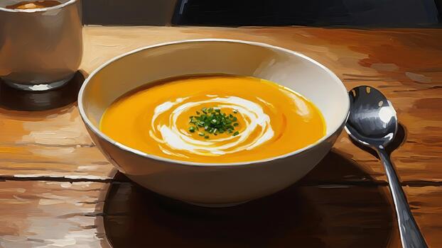 Delicate squash soup composition with creamy swirl and fresh herbs on rustic table photo