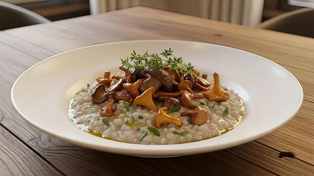 Delicate mushroom risotto with chanterelles on rustic wooden table surface for elegant dining photo
